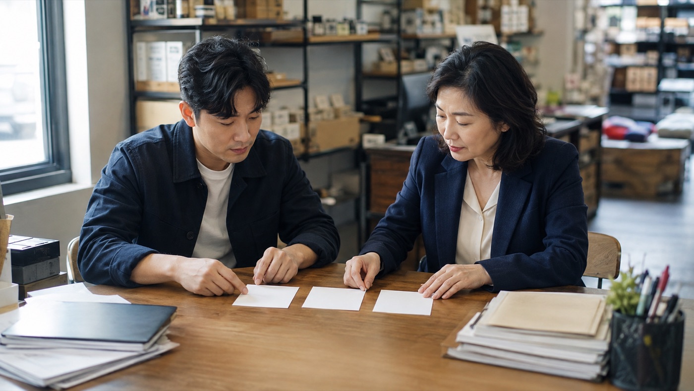 사업주와 회계담당자가 개정안별 대응 시나리오를 비교하는 모습