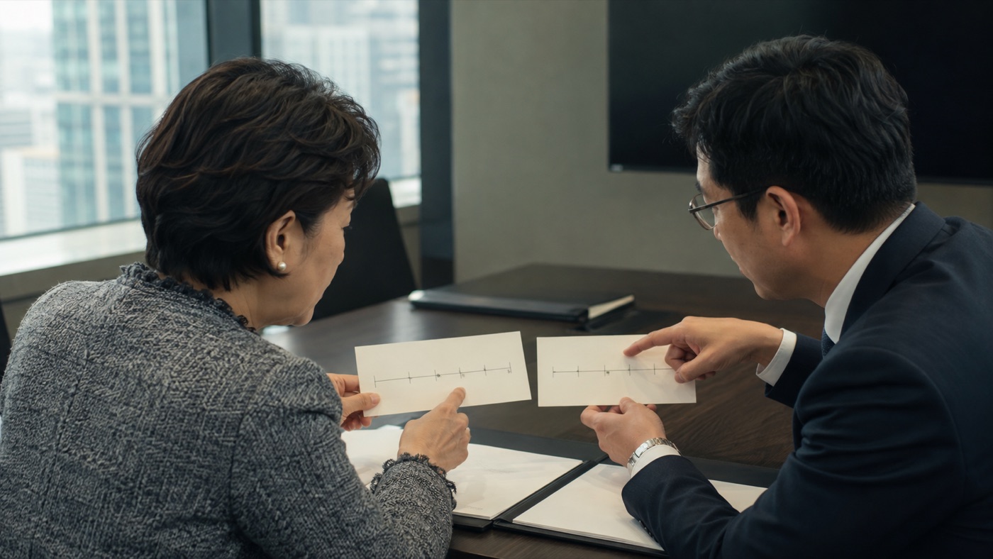 상장주식의 평가 시점을 비교하는 세무상담 모습