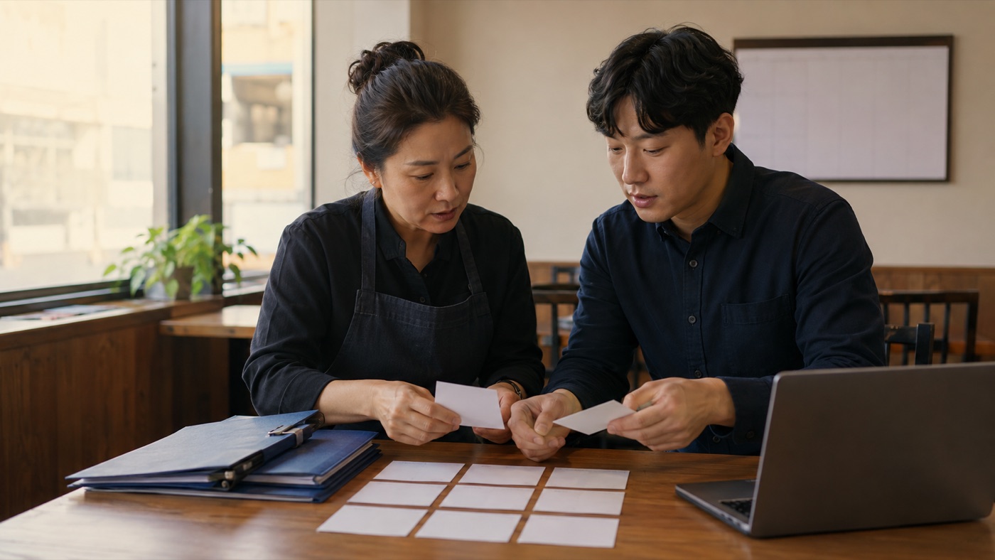 사업주와 급여담당자가 최저임금 반영 일정을 점검하는 모습